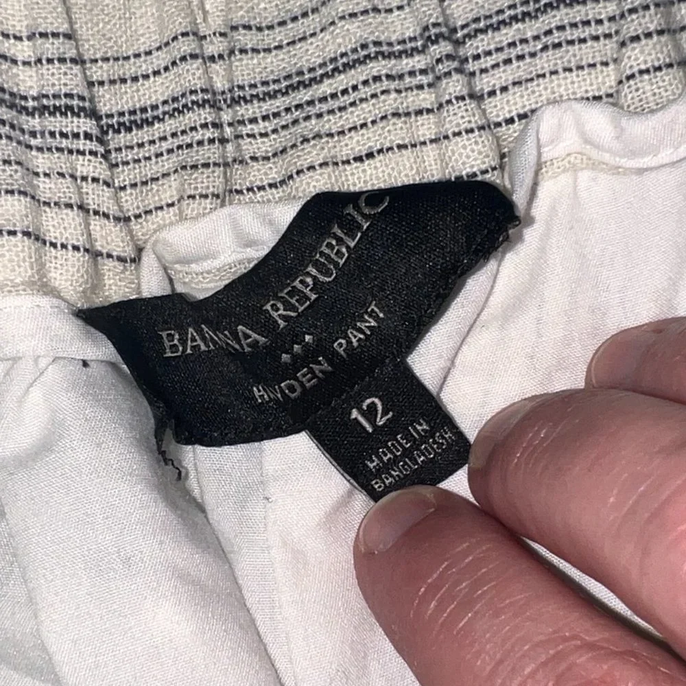 Banana Republic Off White Navy Striped Linen Tapered Hayden Pant Size 12